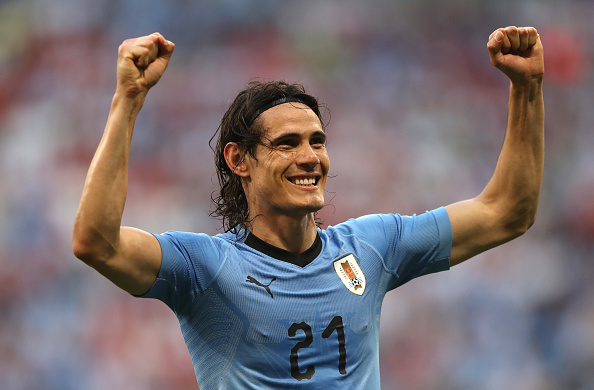 SAMARA, RUSSIA - JUNE 25:  Edinson Cavani of Uruguay celebrates after scoring his team's third goal  during the 2018 FIFA World Cup Russia group A match between Uruguay and Russia at Samara Arena on June 25, 2018 in Samara, Russia.  (Photo by Michael Steele/Getty Images)