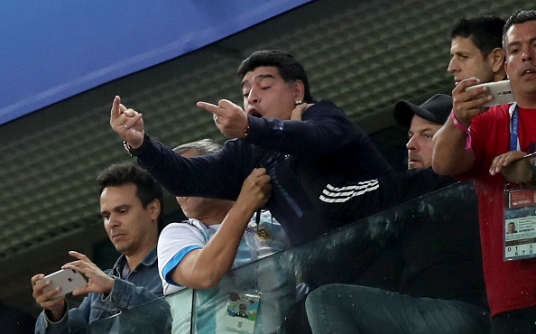 SAINT PETERSBURG, RUSSIA - JUNE 26:  Diego Armando Maradona reacts following the 2018 FIFA World Cup Russia group D match between Nigeria and Argentina at Saint Petersburg Stadium on June 26, 2018 in Saint Petersburg, Russia.  (Photo by Alex Morton/Getty Images)