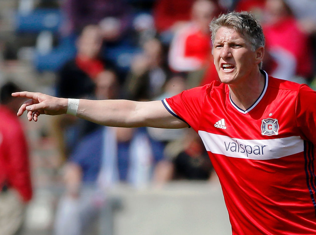 BRIDGEVIEW, IL - APRIL 01: Bastian Schweinsteiger #31 of Chicago Fire talks to teammates during the second half of their game against the Montreal Impact at Toyota Park on April 1, 2017 in Bridgeview, Illinois. The match ended in a 2-2 draw. (Photo by Jon Durr/Bongarts/Getty Images)