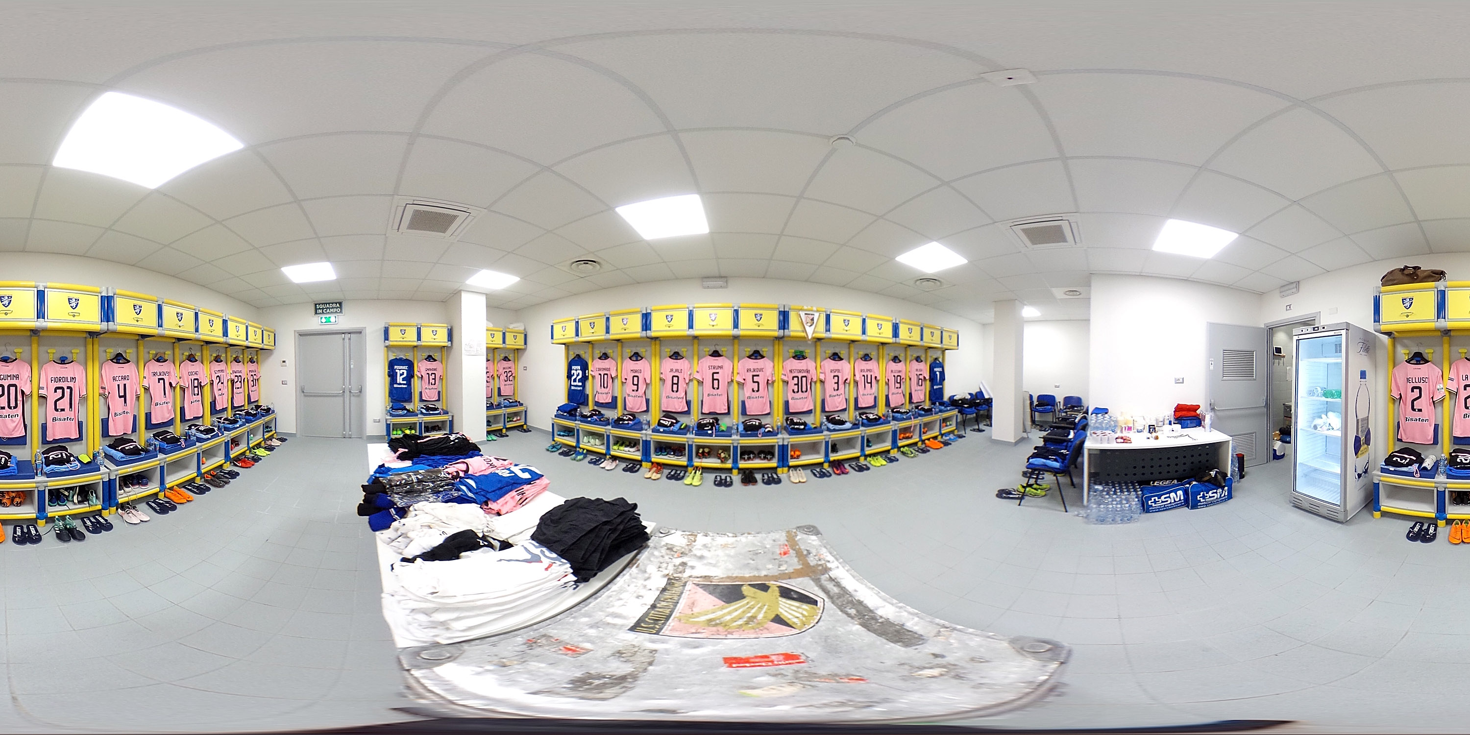 FROSINONE, ITALY - JUNE 16: (EDITOR'S NOTE: Image was created as an Equirectangular Panorama. Import image into a panoramic player to create an interactive 360 degree view) A general view of Palermo dressing room before the serie B playoff match final between Frosinone Calcio v US Citta di Palermo at Stadio Benito Stirpe on June 16, 2018 in Frosinone, Italy.  (Photo by Tullio M. Puglia/Getty Images)
