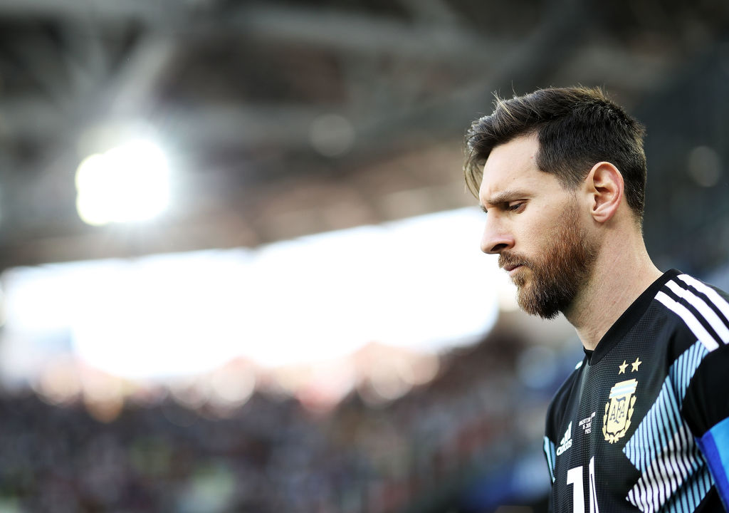 MOSCOW, RUSSIA - JUNE 16:  Lionel Messi of Argentina look on during the 2018 FIFA World Cup Russia group D match between Argentina and Iceland at Spartak Stadium on June 16, 2018 in Moscow, Russia.  (Photo by Ryan Pierse/Getty Images)