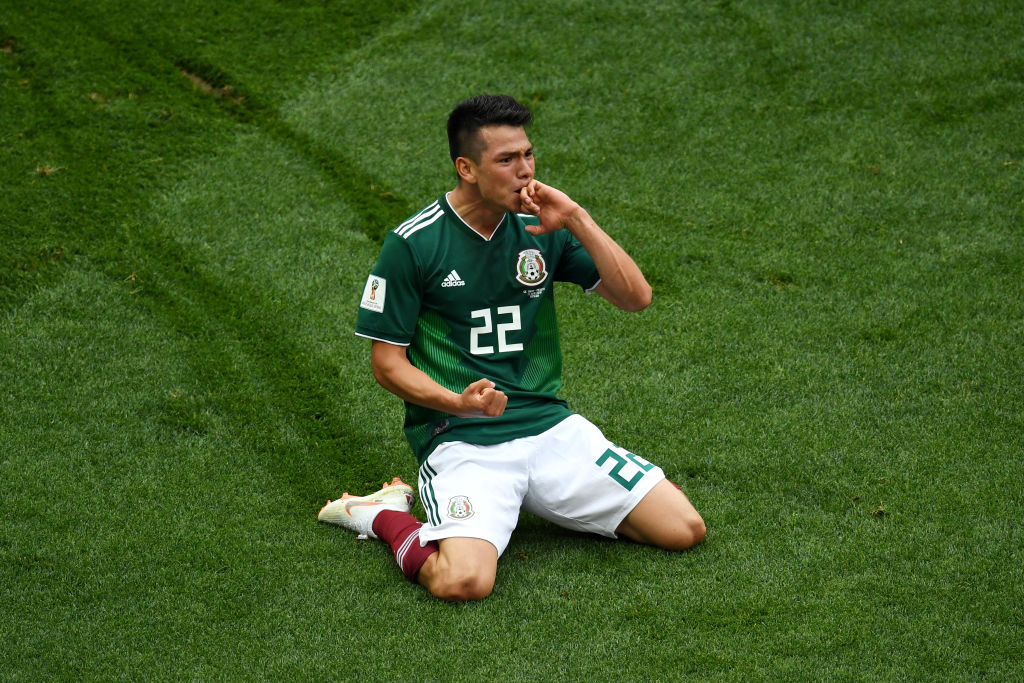 MOSCOW, RUSSIA - JUNE 17:  Hirving Lozano of Mexico celebrates by sliding on his knees after scoring his team's first goal during the 2018 FIFA World Cup Russia group F match between Germany and Mexico at Luzhniki Stadium on June 17, 2018 in Moscow, Russia.  (Photo by Matthias Hangst/Getty Images)