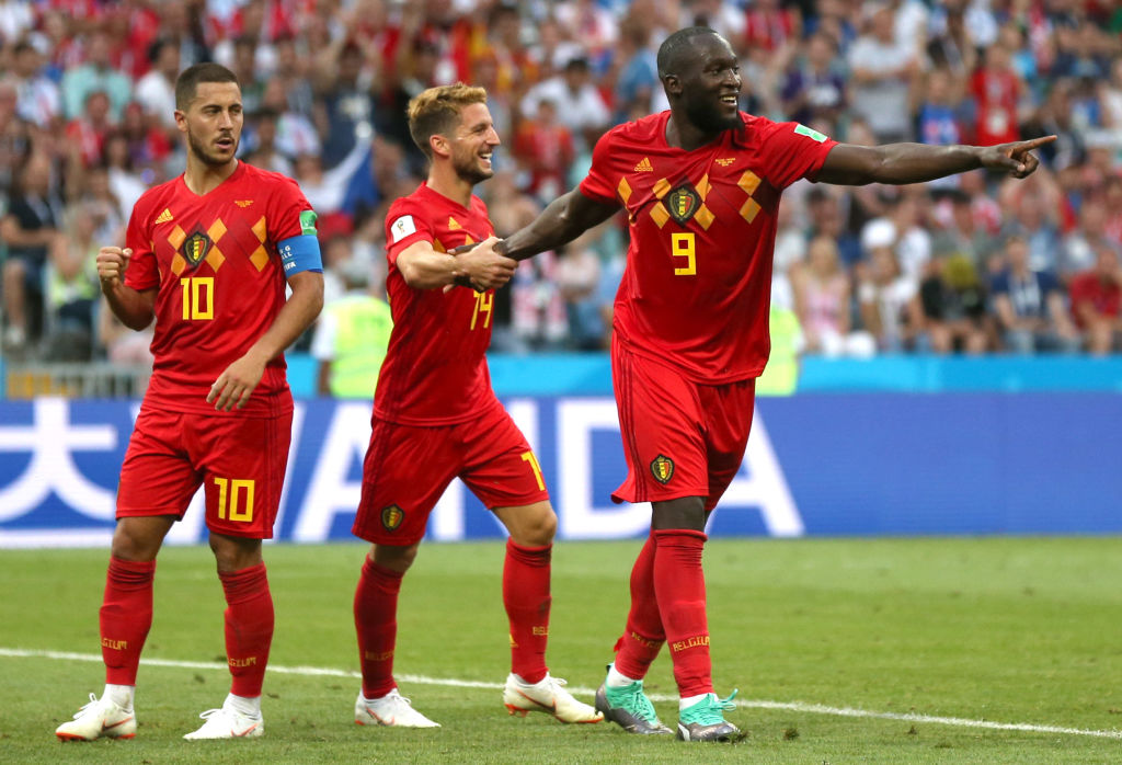 SOCHI, RUSSIA - JUNE 18:  Romelu Lukaku of Belgium celebrates after scoring his team's second goal with team mates Dries Mertens and Eden Hazard during the 2018 FIFA World Cup Russia group G match between Belgium and Panama at Fisht Stadium on June 18, 2018 in Sochi, Russia.  (Photo by Francois Nel/Getty Images)