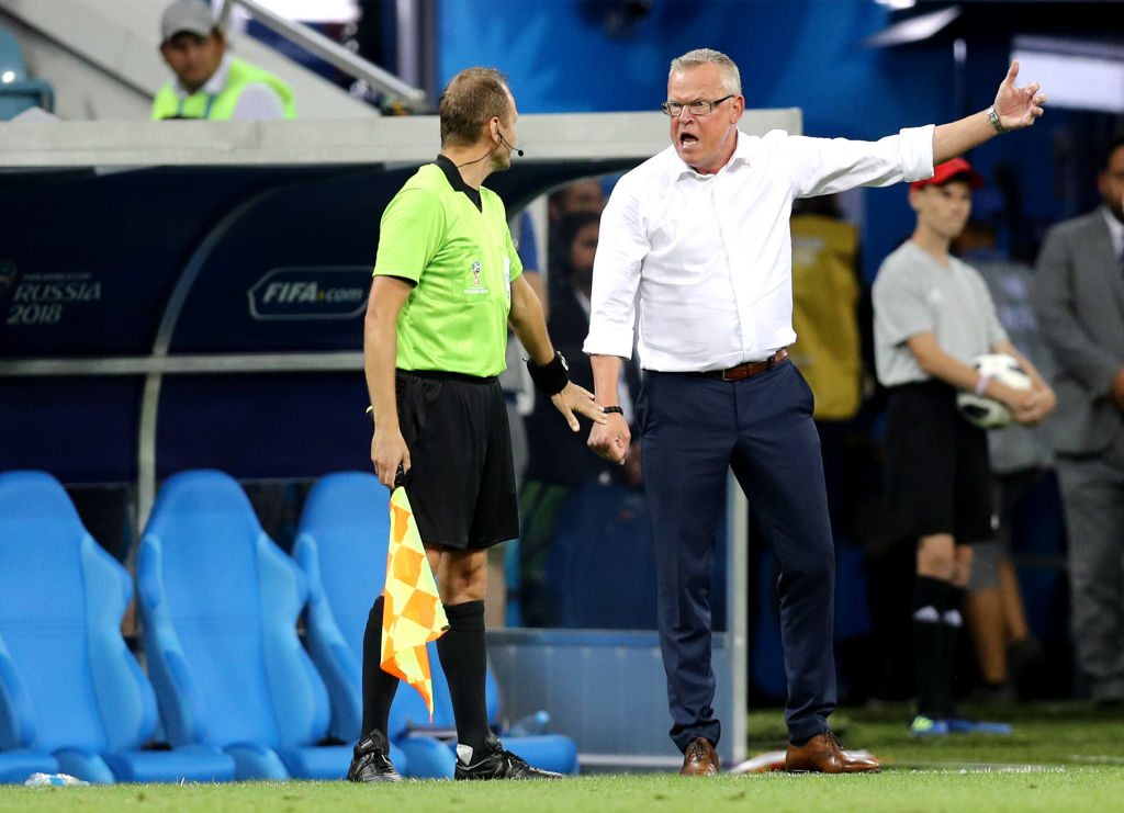 SOCHI, RUSSIA - JUNE 23:  Janne Andersson, Head coach of Sweden speaks with the linesman during the 2018 FIFA World Cup Russia group F match between Germany and Sweden at Fisht Stadium on June 23, 2018 in Sochi, Russia.  (Photo by Maddie Meyer/Getty Images)