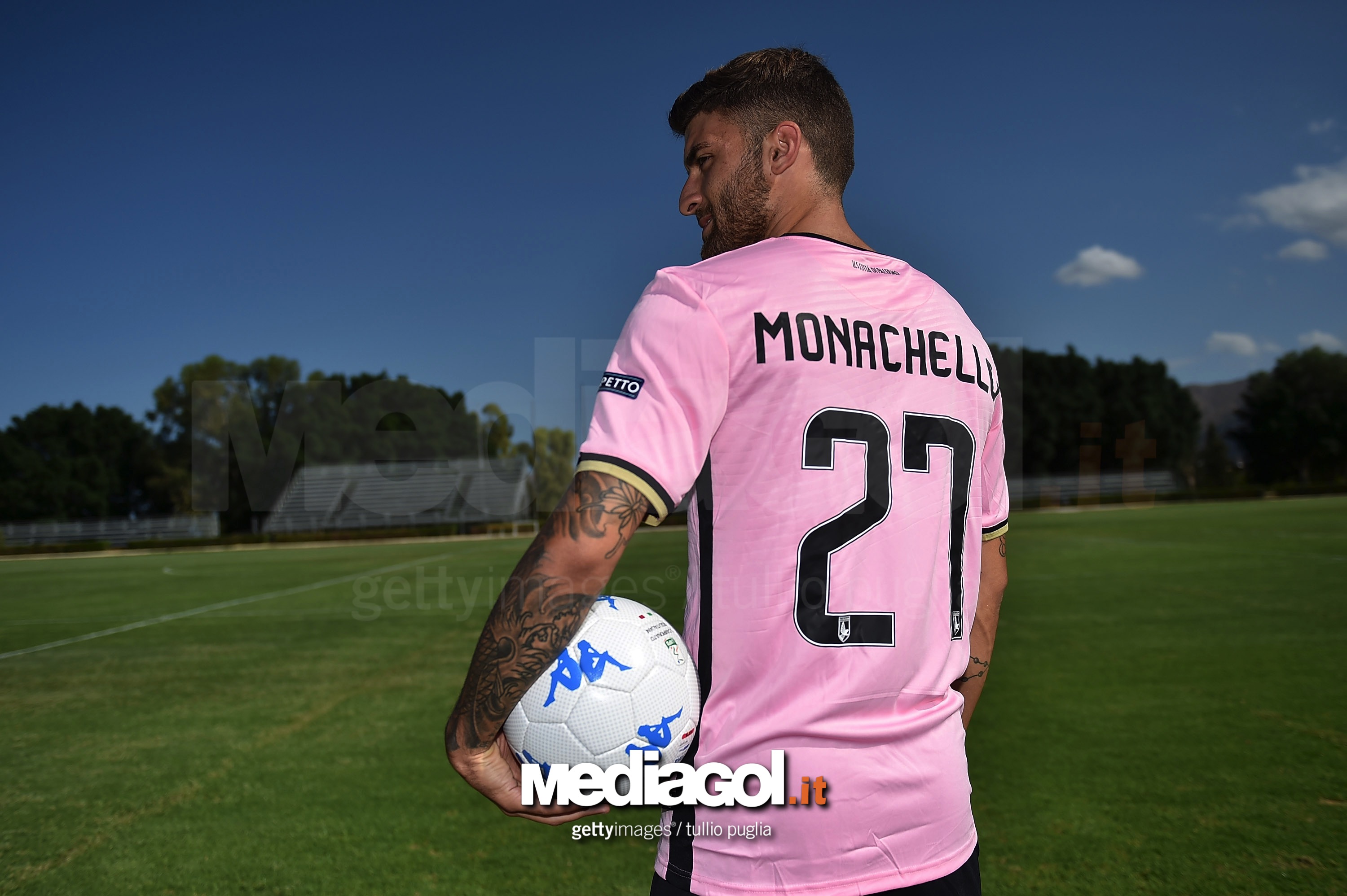 PALERMO, ITALY - SEPTEMBER 04:  Gaetano Monachello poses during his presentation as a new player of US Citta' di Palermo at Carmelo Onorato sport center on September 4, 2017 in Palermo, Italy.  (Photo by Tullio M. Puglia/Getty Images)