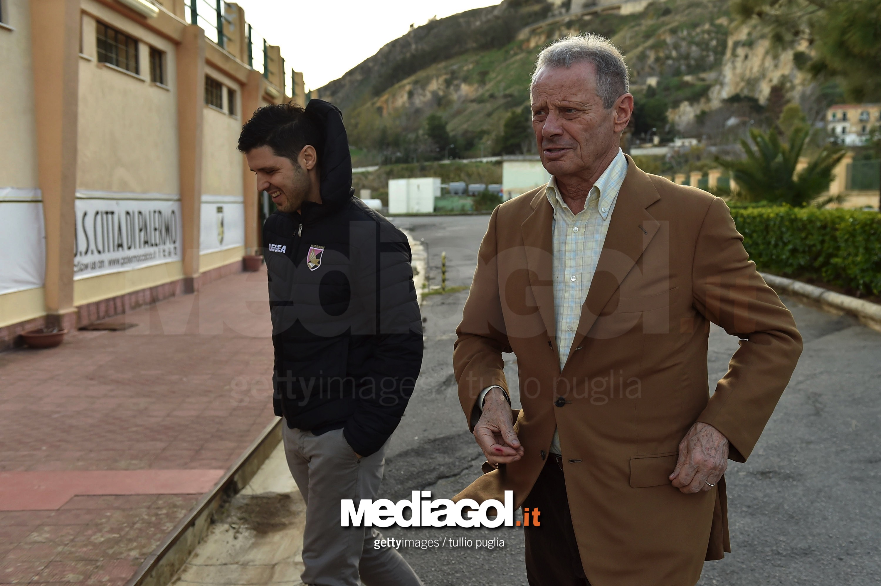 PALERMO, ITALY - DECEMBER 12:  US Citta di Palermo owner Maurizio Zamparini (R) and Team Manager Vincenzo Todaro look on at Carmelo Onorato training center on December 12, 2017 in Palermo, Italy.  (Photo by Tullio M. Puglia/Getty Images)