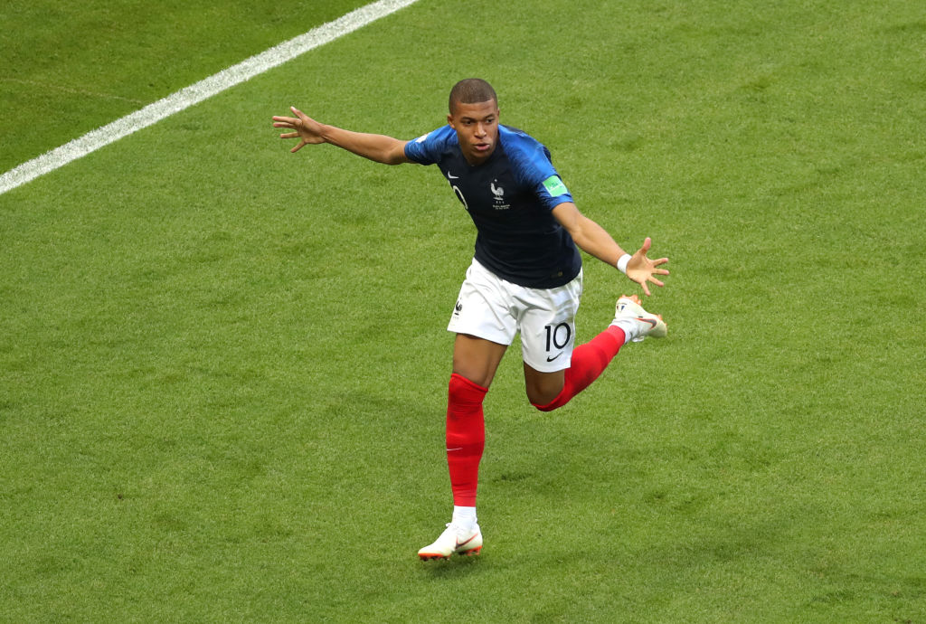 KAZAN, RUSSIA - JUNE 30:  Kylian Mbappe of France celebrates after scoring his team's third goal during the 2018 FIFA World Cup Russia Round of 16 match between France and Argentina at Kazan Arena on June 30, 2018 in Kazan, Russia.  (Photo by Catherine Ivill/Getty Images)