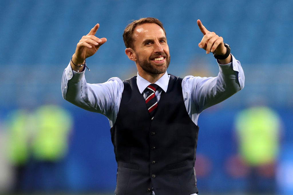 SAMARA, RUSSIA - JULY 07:  Gareth Southgate, Manager of England celebrates at the final whistle following victory during the 2018 FIFA World Cup Russia Quarter Final match between Sweden and England at Samara Arena on July 7, 2018 in Samara, Russia.  (Photo by Alex Morton/Getty Images)