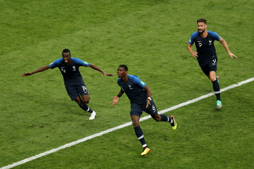 MOSCOW, RUSSIA - JULY 15:  Paul Pogba of France celebrates after scoring his team's third goal during the 2018 FIFA World Cup Final between France and Croatia at Luzhniki Stadium on July 15, 2018 in Moscow, Russia.  (Photo by Catherine Ivill/Getty Images)