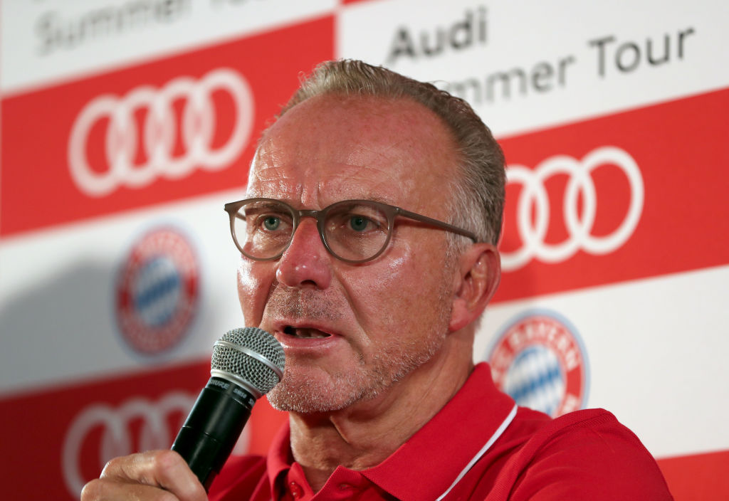 MIAMI, FL - JULY 29:  Karl-Heinz Rummenigge, CEO of FC Bayern Muenchen, addresses a news conference during the last day of the FC Bayern AUDI Summer Tour on July 29, 2018 at Mandarin Oriental hotel in Miami, Florida.  (Photo by Alexandra Beier/Bongarts/Getty Images)