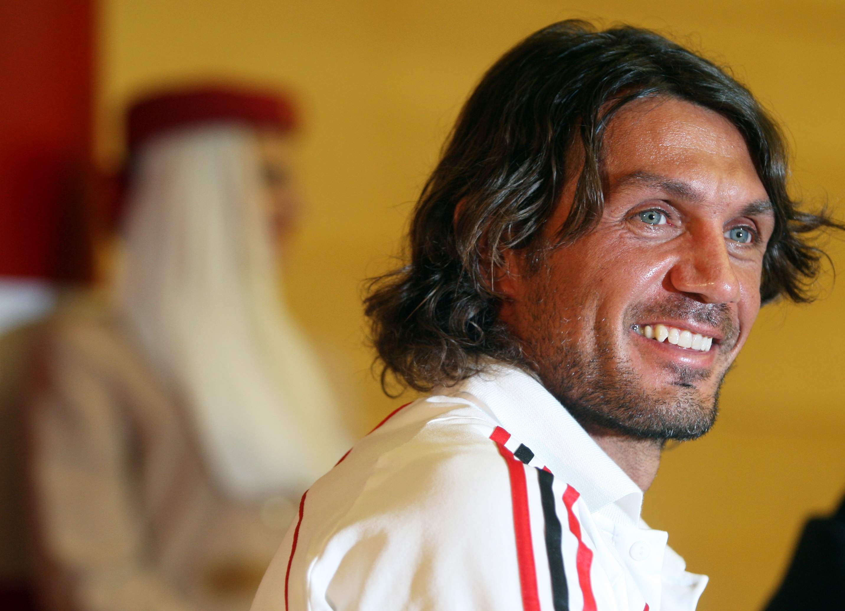 DUBAI, UNITED ARAB EMIRATES - DECEMBER 30: AC Milan Captain Paolo Maldini answers questions at a press conference on December 30, 2008 in Dubai, United Arab Emirates. (Photo by Satish Kumar/Getty Images)