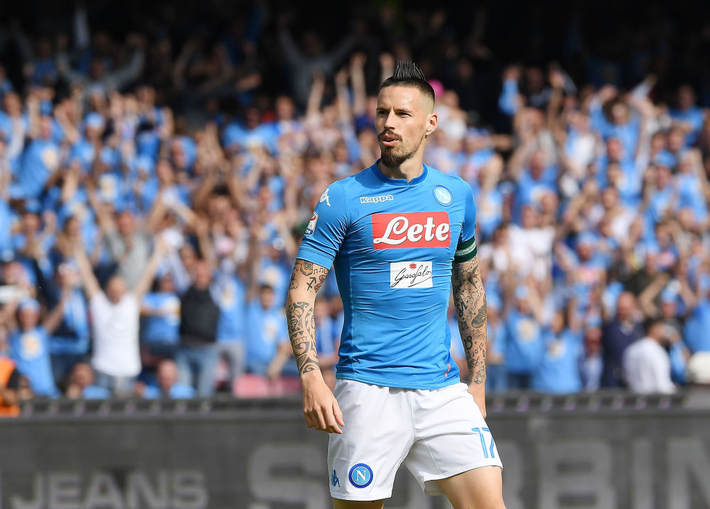 NAPLES, ITALY - MAY 06: Marek Hamsik of SSC Napoli celebrates after scoring the 2-1 goal during the serie A match between SSC Napoli and Torino FC at Stadio San Paolo on May 6, 2018 in Naples, Italy.  (Photo by Francesco Pecoraro/Getty Images)