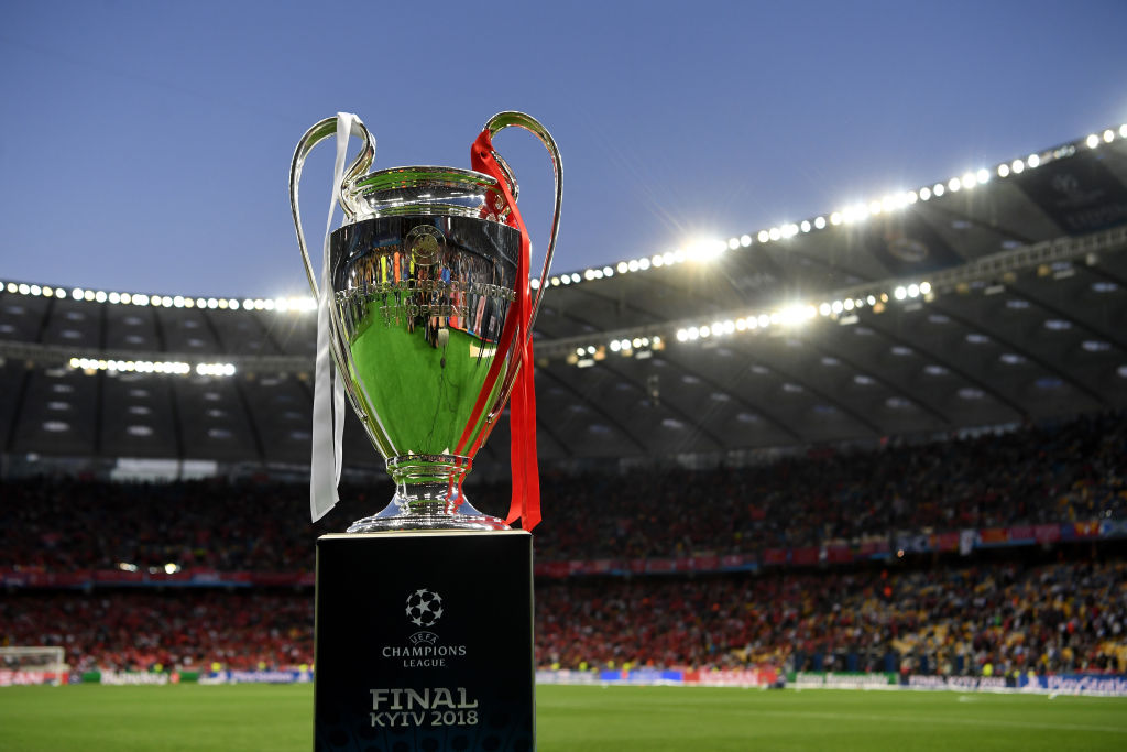 KIEV, UKRAINE - MAY 26:  The UEFA Champions League trophy is seen pitchside prior to the UEFA Champions League Final between Real Madrid and Liverpool at NSC Olimpiyskiy Stadium on May 26, 2018 in Kiev, Ukraine.  (Photo by Michael Regan/Getty Images)