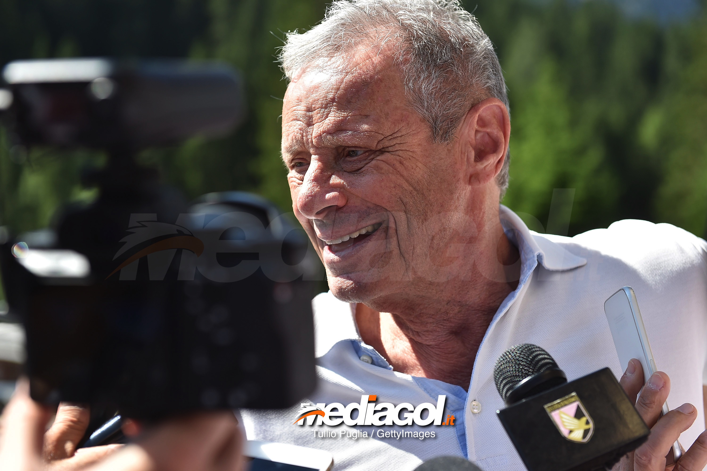 BELLUNO, ITALY - JULY 25:  Maurizio Zamparini answers questions during a press conference at the US Citta' di Palermo training camp on July 25, 2018 in Belluno, Italy.  (Photo by Tullio M. Puglia/Getty Images)