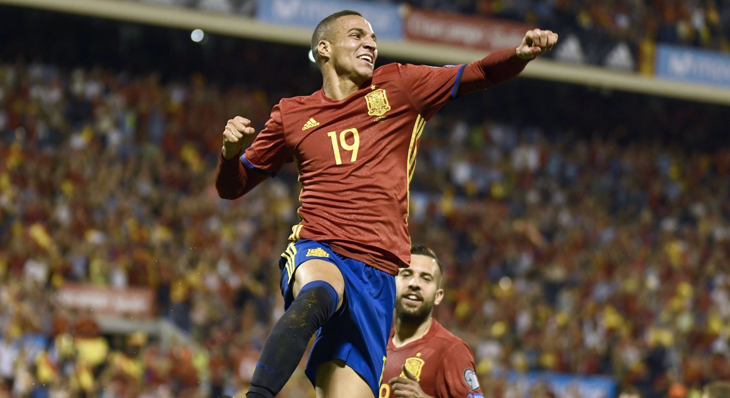 Spain's forward Rodrigo Moreno celebrates after scoring a goal during the World Cup 2018 qualifier football match Spain vs Albania at the Jose Rico Perez stadium in Alicante on October 6, 2017.  / AFP PHOTO / JOSE JORDAN        (Photo credit should read JOSE JORDAN/AFP/Getty Images)