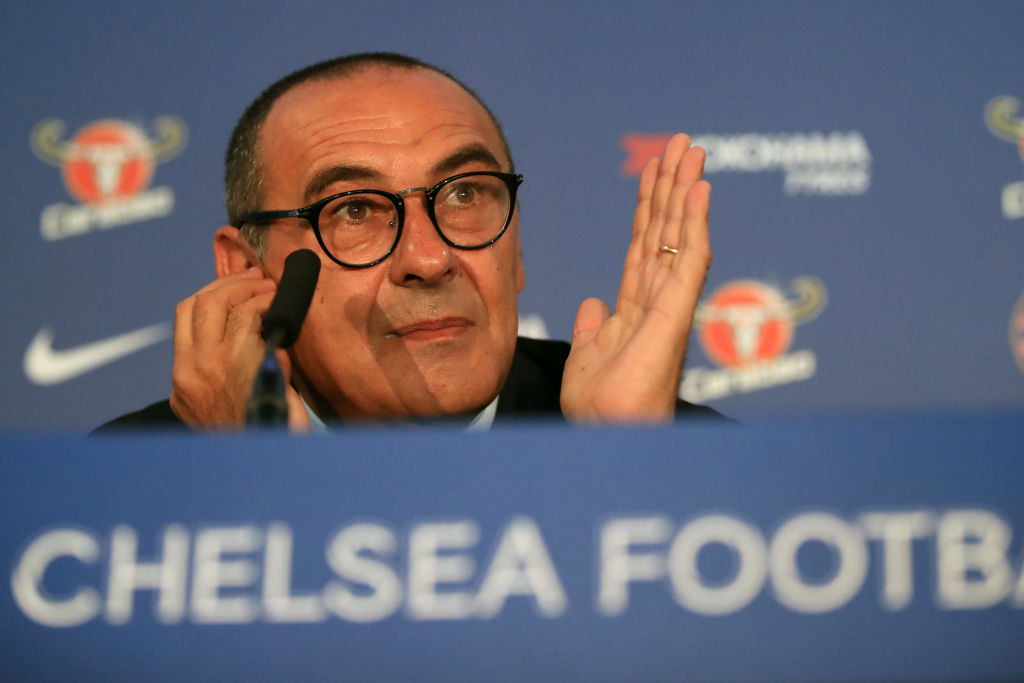 LONDON, ENGLAND - JULY 18: Chelsea Unveil New Head Coach Maurizio Sarri at Stamford Bridge on July 18, 2018 in London, England. (Photo by Marc Atkins/Getty Images)