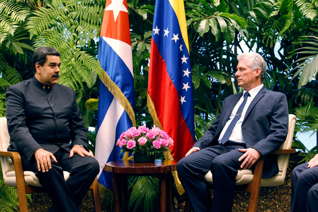 HAVANA, CUBA - APRIL 21: President of Venezuela Nicolas Maduro talks with President of Cuba Miguel Díaz-Canel during his official visit to Cuba on April 21, 2018 in Havana, Cuba. Maduro is the first president to be received by the new president of the island Diaz-Canel. (Photo by Ernesto Mastrascusa/Getty Images)