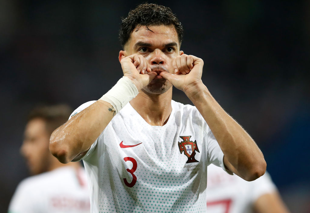 SOCHI, RUSSIA - JUNE 30:  Pepe of Portugal celebrates scoring his teams first goal during the 2018 FIFA World Cup Russia Round of 16 match between Uruguay and Portugal at Fisht Stadium on June 30, 2018 in Sochi, Russia.  (Photo by Julian Finney/Getty Images)