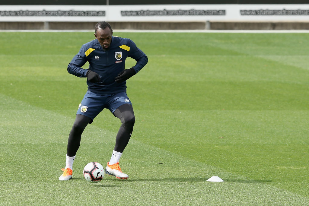 GOSFORD, AUSTRALIA - AUGUST 28:  Usain Bolt trains during a Central Coast Mariners training session at Central Coast Stadium on August 28, 2018 in Gosford, Australia.  (Photo by Ashley Feder/Getty Images)