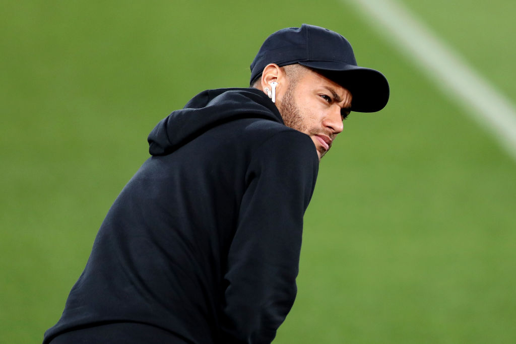 LIVERPOOL, ENGLAND - SEPTEMBER 17:  Neymar Jr of Paris Saint-Germain looks on as Paris Saint-Germain walks the pitch on the eve of their UEFA Champions League Match against Liverpool at Anfield on September 17, 2018 in Liverpool, England.  (Photo by Mark Robinson/Getty Images)