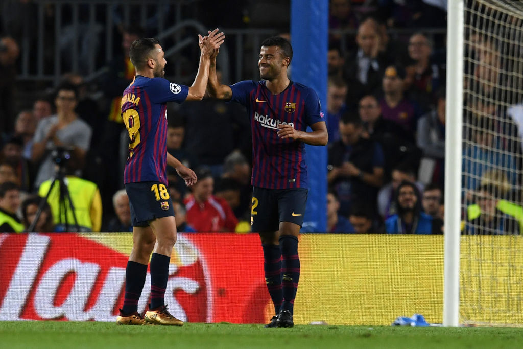 BARCELONA, SPAIN - OCTOBER 24:  Rafinha of Barcelona celebrates with team mate Jordi Alba of Barcelona after scoring his team's first goal during the Group B match of the UEFA Champions League between FC Barcelona and FC Internazionale at Camp Nou on October 24, 2018 in Barcelona, Spain.  (Photo by David Ramos/Getty Images)