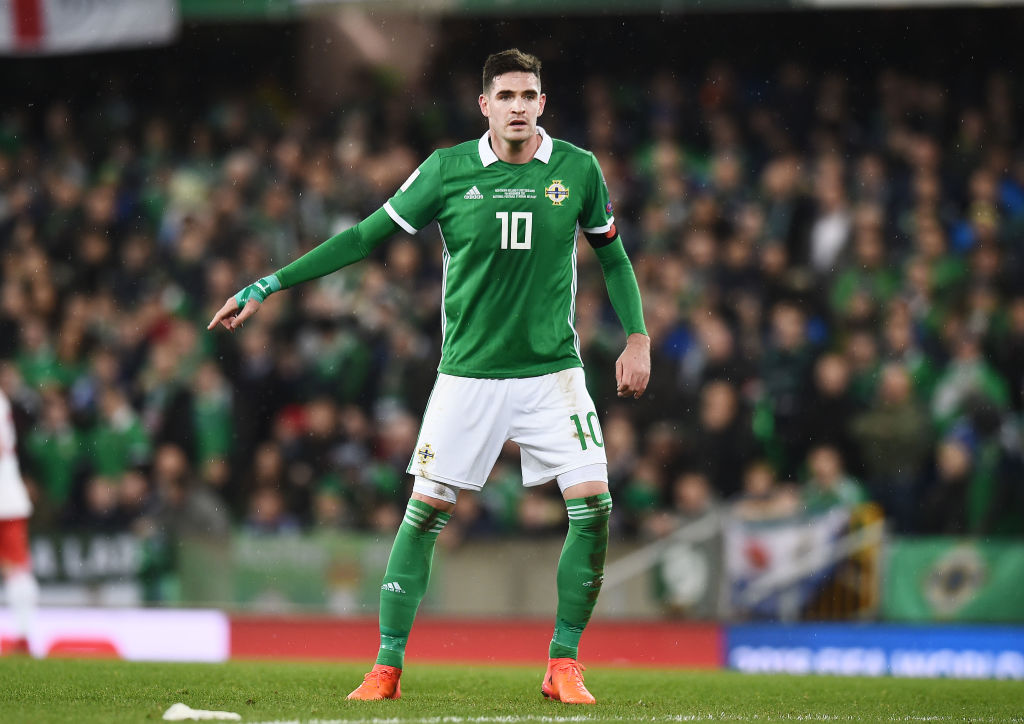 BELFAST, NORTHERN IRELAND - NOVEMBER 09: Kyle Lafferty of Northern Ireland during the FIFA 2018 World Cup Qualifier Play-Off first leg between Northern Ireland and Switzerland at Windsor Park on November 9, 2017 in Belfast, Northern Ireland. (Photo by Charles McQuillan/Getty Images)