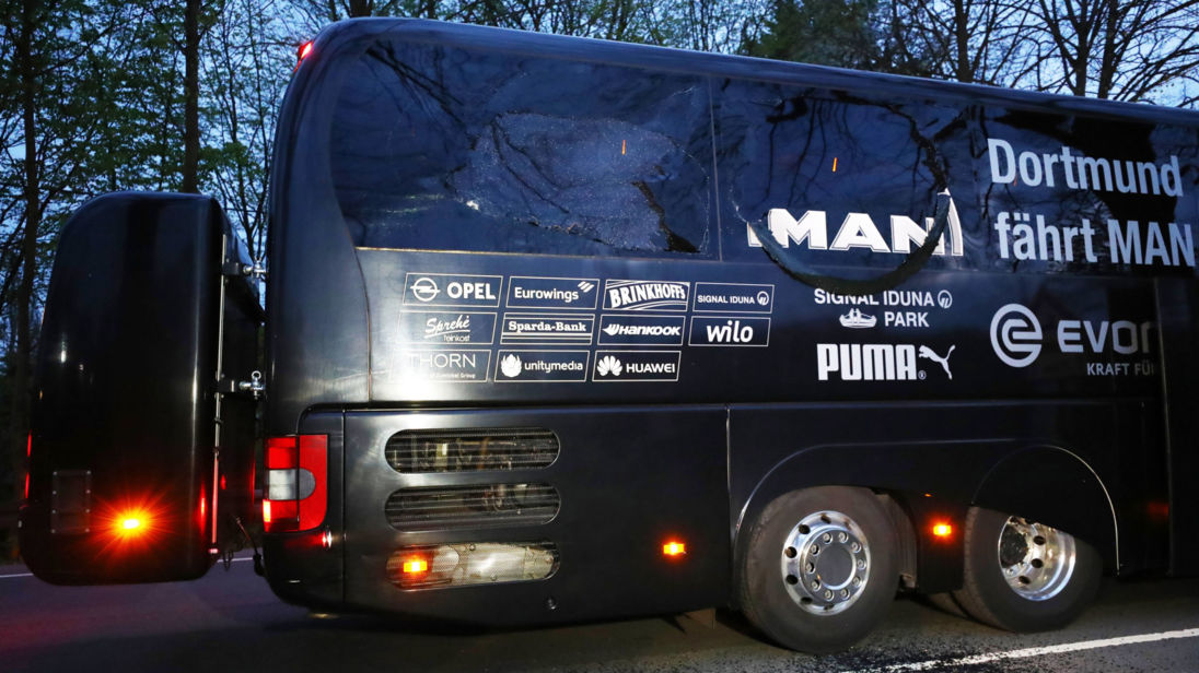 The Borussia Dortmund team bus is seen after an explosion near their hotel before the game