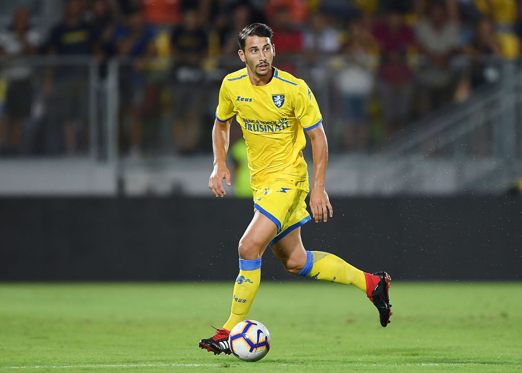 FROSINONE, ITALY - AUGUST 09:  Edoardo Goldaniga of Frosinone Calcio in action during the Pre-Season Friendly match between Frosinone Calcio and Real Betis on August 9, 2018 in Frosinone, Italy.  (Photo by Francesco Pecoraro/Getty Images)