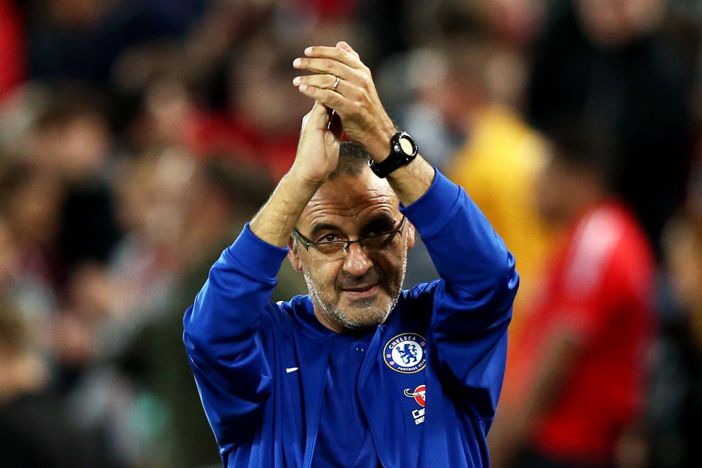LIVERPOOL, ENGLAND - SEPTEMBER 26:  Maurizio Sarri, Manager of Chelsea shows appreciation to the fans after the Carabao Cup Third Round match between Liverpool and Chelsea at Anfield on September 26, 2018 in Liverpool, England.  (Photo by Jan Kruger/Getty Images)