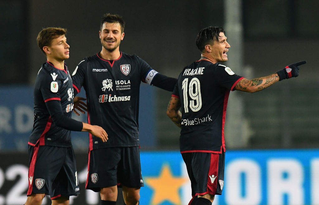 VERONA, ITALY - DECEMBER 05:  Fabio Pisacane of Cagliari Calcio celebrates after scoring his team second goal during the Coppa Italia match between AC ChievoVerona and Cagliari Calcio  at Stadio Marcantonio Bentegodi on December 5, 2018 in Verona, Italy.  (Photo by Alessandro Sabattini/Getty Images)