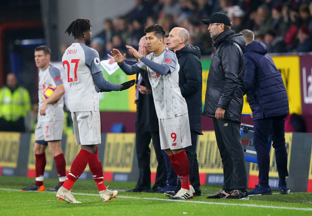 BURNLEY, ENGLAND - DECEMBER 05:  Roberto Firmino of Liverpool is substituted for Divock Origi of Liverpool during the Premier League match between Burnley FC and Liverpool FC at Turf Moor on December 5, 2018 in Burnley, United Kingdom.  (Photo by Alex Livesey/Getty Images)