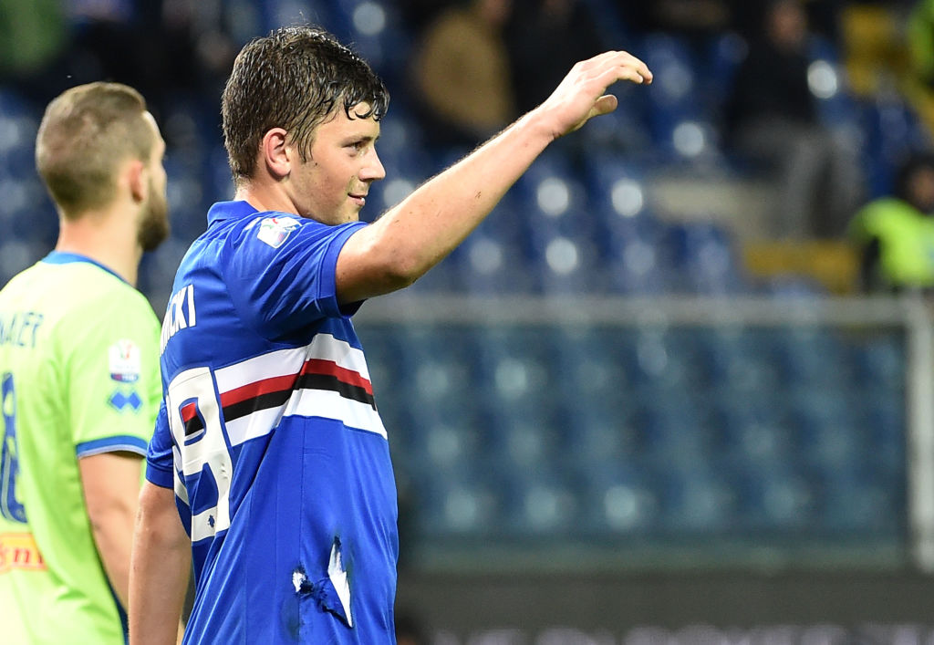 GENOA, ITALY - NOVEMBER 28:  Dawid Kownacki (Sampdoria) celebrate after score 4-1 during the Tim Cup match between UC Sampdoria and Pescara Calcio at Stadio Luigi Ferraris on November 28, 2017 in Genoa, Italy.  (Photo by Paolo Rattini/Getty Images)