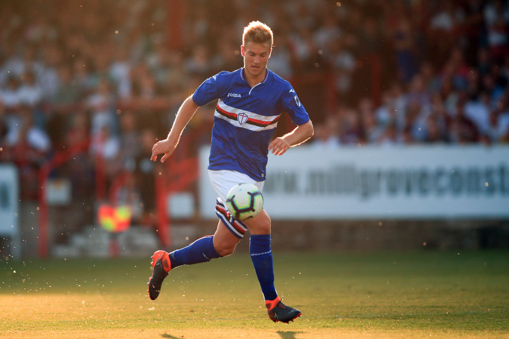 ALDERSHOT, ENGLAND - AUGUST 01: Joachim Andersen of Sampdoria during the Pre-Season Friendly between Fulham v Sampdoria at the  EBB Stadium on August 1, 2018 in Aldershot, England. (Photo by Marc Atkins/Getty Images)