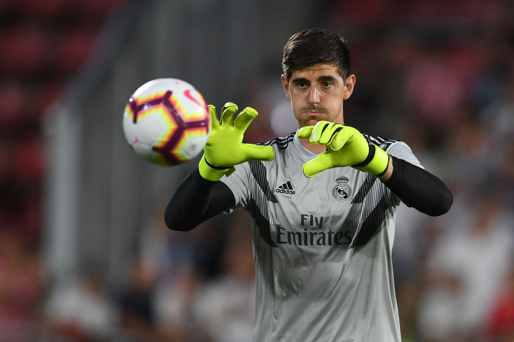 GIRONA, SPAIN - AUGUST 26:  Thibaut Courtois of Real Madrid CF in action during the warm up prior to the La Liga match between Girona FC and Real Madrid CF at Montilivi Stadium on August 26, 2018 in Girona, Spain.  (Photo by David Ramos/Getty Images)