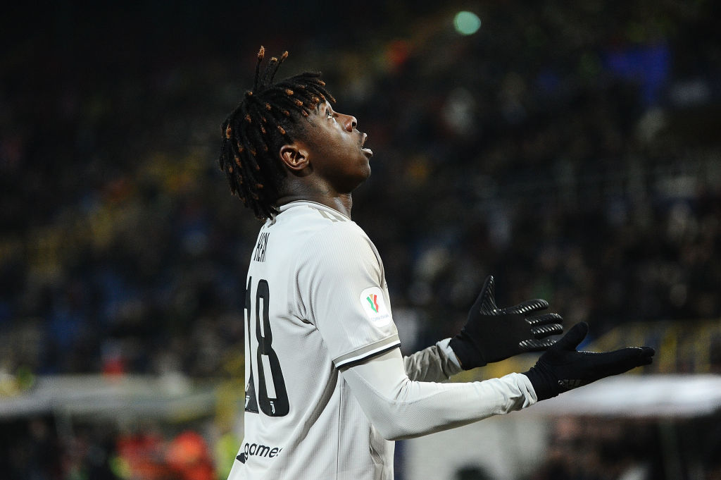 BOLOGNA, ITALY - JANUARY 12:  Moise Kean of Juventus celebrates after scoring his team's second goal during the Coppa Italia match between Bologna FC and Juventus at Stadio Renato Dall'Ara on January 12, 2019 in Bologna, Italy.  (Photo by Mario Carlini / Iguana Press/Getty Images)