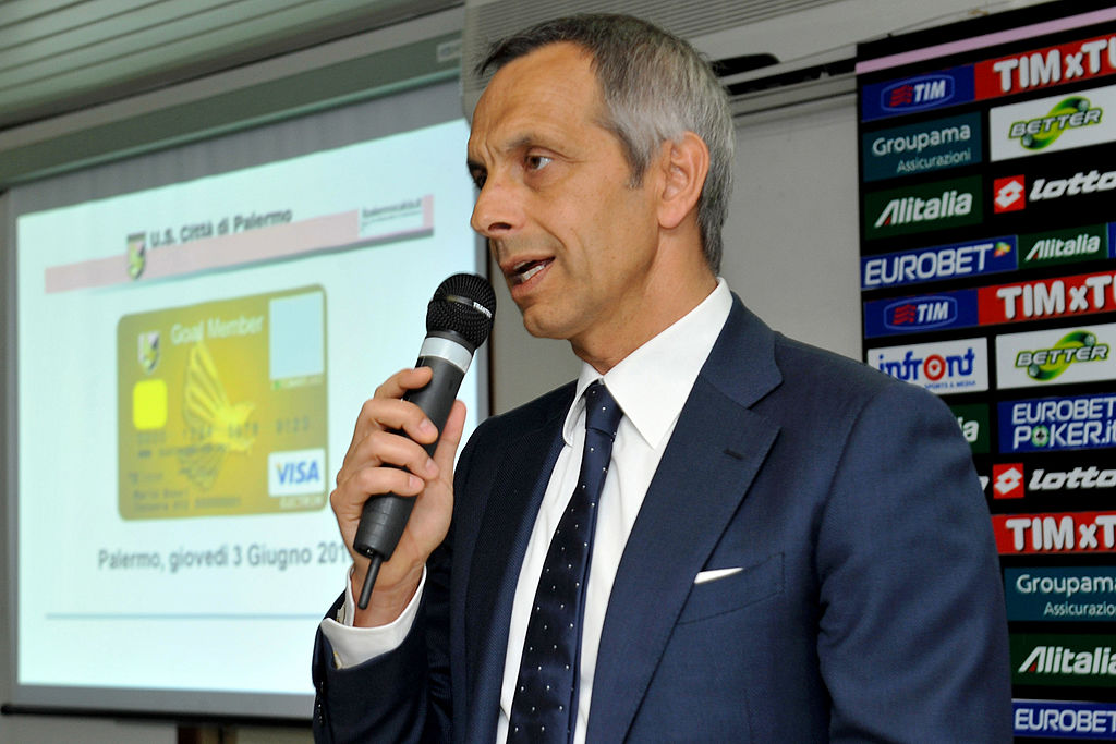 PALERMO, ITALY - JUNE 03: Rinaldo Sagramola, Managing Director of Palermo speaks during the official presentation of US Citta di Palermo membership card 'Goal Member' at Renzo Barbera stadium, on June 3, 2010 in Palermo, Italy.  (Photo by Tullio M. Puglia/Getty Images)