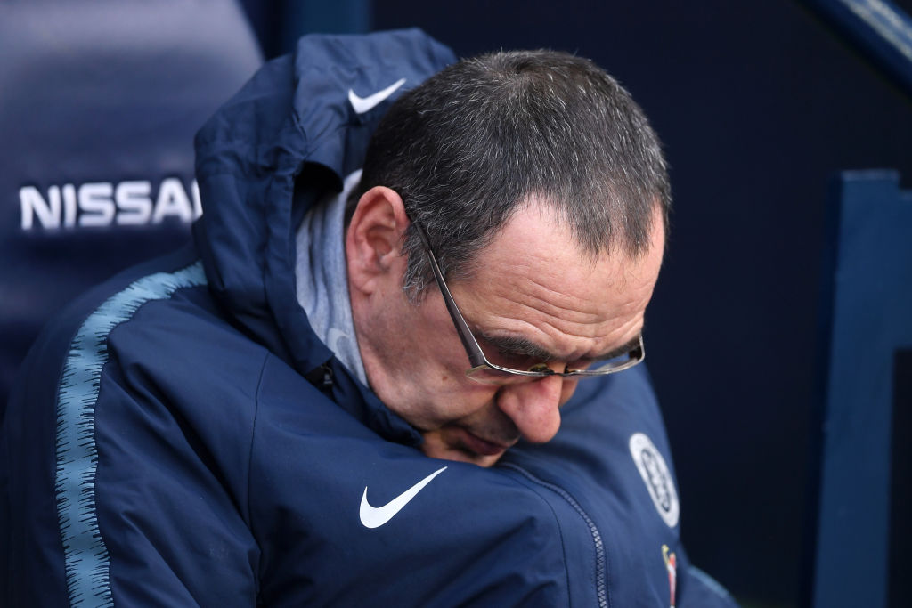 MANCHESTER, ENGLAND - FEBRUARY 10:  Maurizio Sarri, Manager of Chelsea looks on prior to the Premier League match between Manchester City and Chelsea FC at Etihad Stadium on February 10, 2019 in Manchester, United Kingdom.  (Photo by Laurence Griffiths/Getty Images)