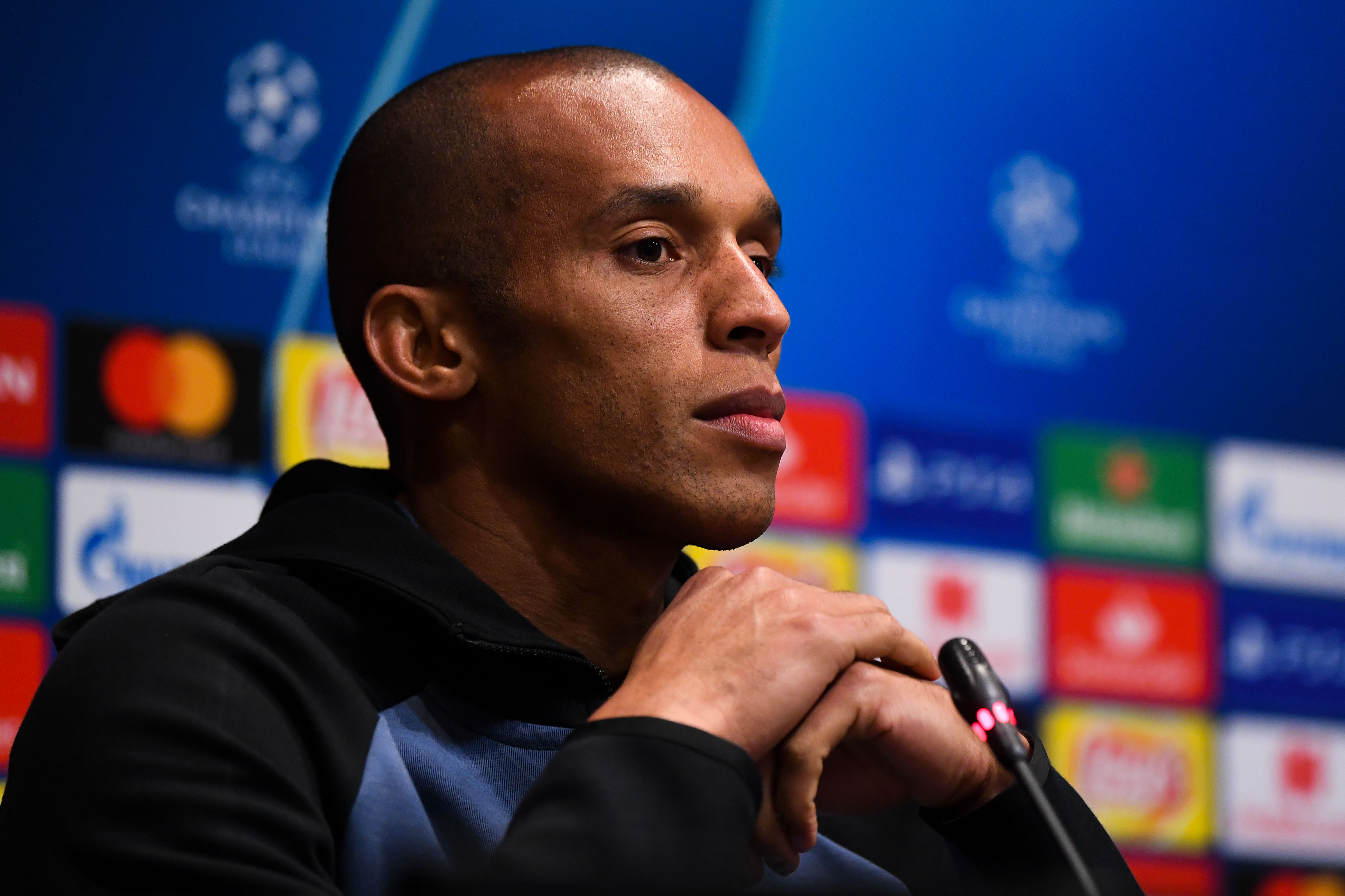 BARCELONA, SPAIN - OCTOBER 23:  Joao Miranda of FC Internazionale faces the media during a press conference ahead of the UEFA Champions League Group B match between FC Barcelona and FC Internazionale at Camp Nou on October 23, 2018 in Barcelona, Spain.  (Photo by David Ramos/Getty Images)