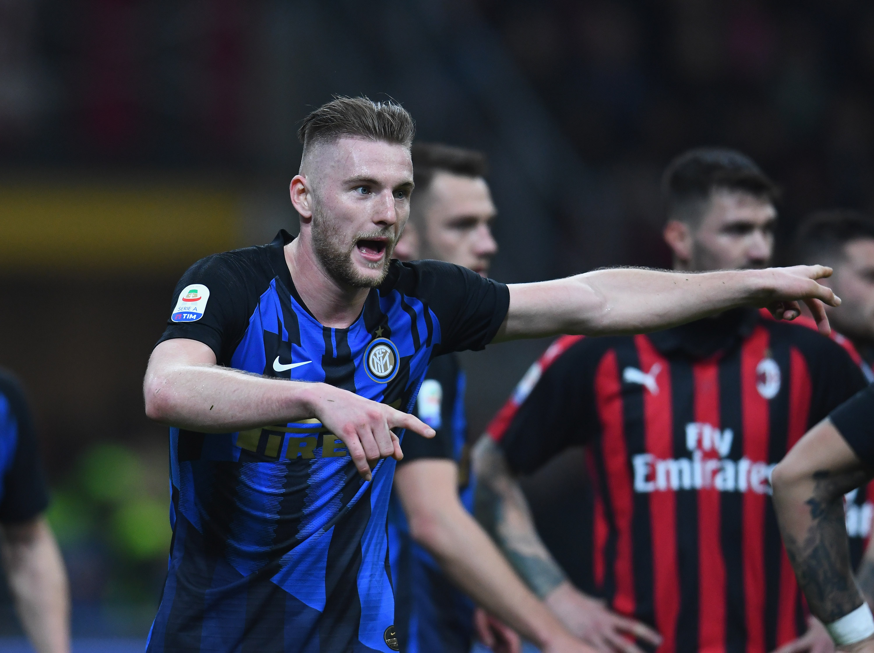 MILAN, ITALY - MARCH 17:  Milan Skriniar of FC Internazionale reacts during the Serie A match between AC Milan and FC Internazionale at Stadio Giuseppe Meazza on March 17, 2019 in Milan, Italy.  (Photo by Claudio Villa - Inter/Inter via Getty Images )