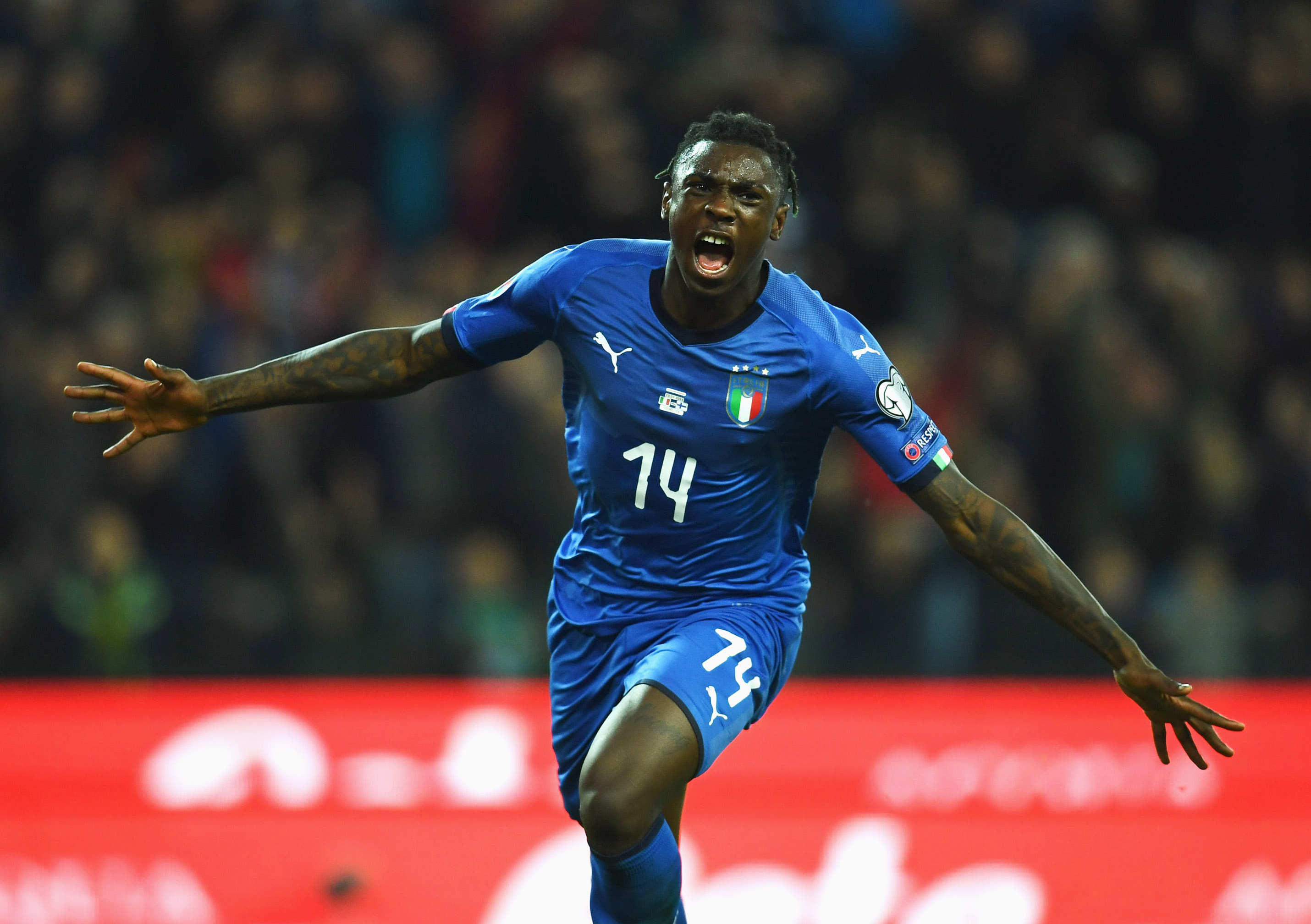 UDINE, ITALY - MARCH 23:  Moise Kean of Italy celebrates after scoring the second goal during the 2020 UEFA European Championships group J qualifying match between Italy and Finland at Stadio Friuli on March 23, 2019 in Udine, Italy.  (Photo by Claudio Villa/Getty Images)