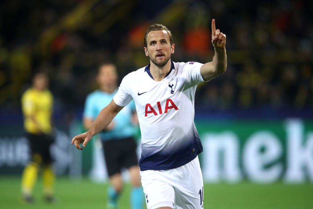 DORTMUND, GERMANY - MARCH 05:  Harry Kane of Tottenham Hotspur celebrates after he scores his sides first goal during the UEFA Champions League Round of 16 Second Leg match between Borussia Dortmund and Tottenham Hotspur at Westfalen Stadium on March 05, 2019 in Dortmund, North Rhine-Westphalia. (Photo by Alex Grimm/Bongarts/Getty Images)