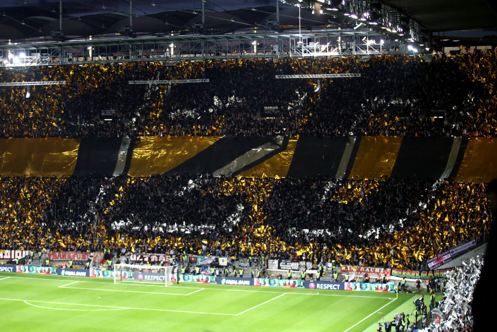 FRANKFURT AM MAIN, GERMANY - MARCH 07: Fans create a display prior to the UEFA Europa League Round of 16 First Leg match between Eintracht Frankfurt and FC Internazionale at Commerzbank-Arena on March 07, 2019 in Frankfurt am Main, Germany. (Photo by Alex Grimm/Getty Images)