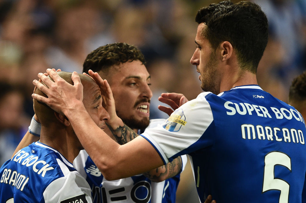 PORTO, PORTUGAL - MAY 06: Yacine Brahimi and Ivan Marcano (R) of FC Porto celebrates after scores the second goal during the Primeira Liga match between FC Porto and Feirense at Estadio do Dragao on May 6, 2018 in Porto, Portugal. (Photo by Octavio Passos/Getty Images)