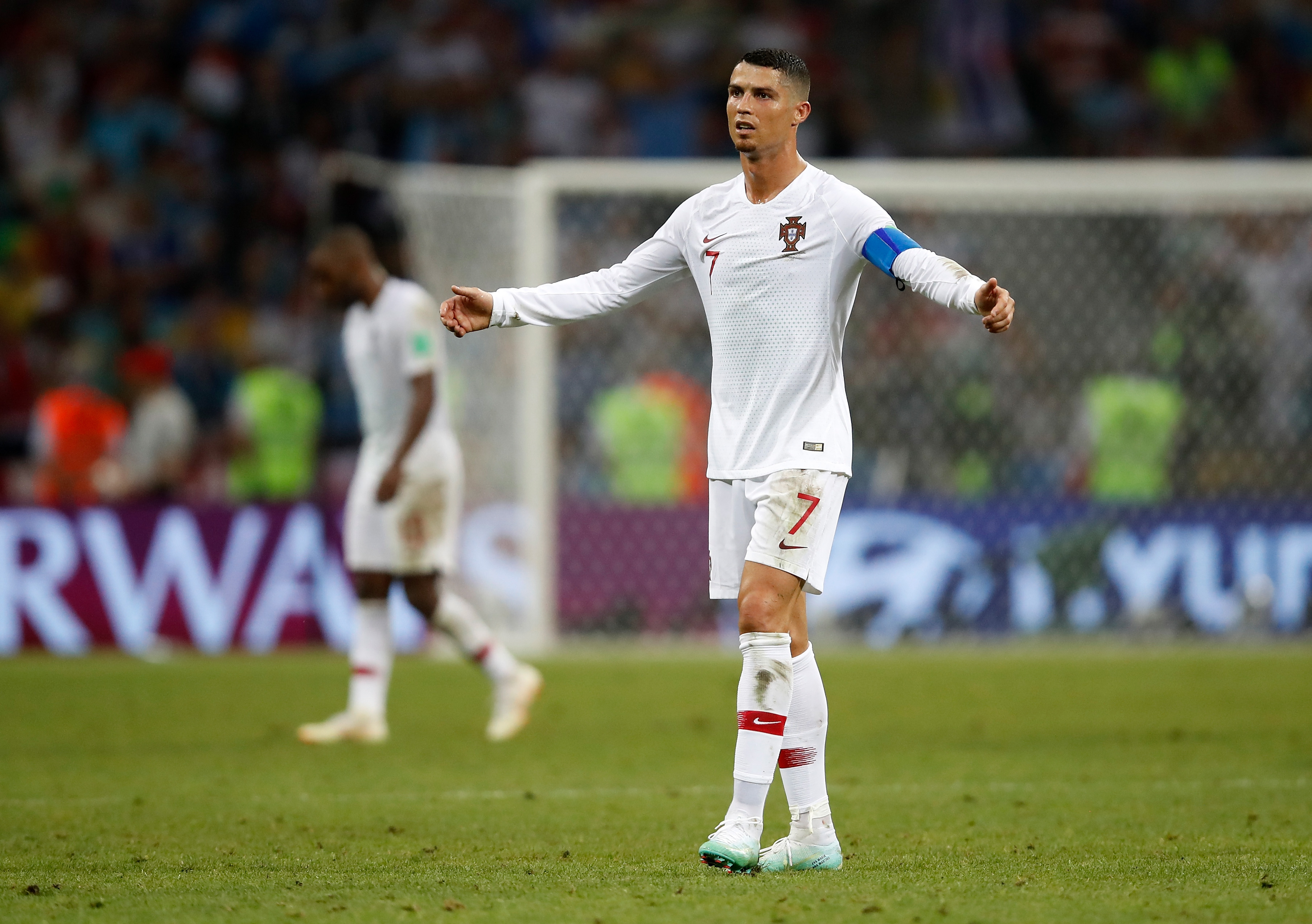 SOCHI, RUSSIA - JUNE 30:  Cristiano Ronaldo of Portugal reacts during the 2018 FIFA World Cup Russia Round of 16 match between Uruguay and Portugal at Fisht Stadium on June 30, 2018 in Sochi, Russia.  (Photo by Julian Finney/Getty Images)