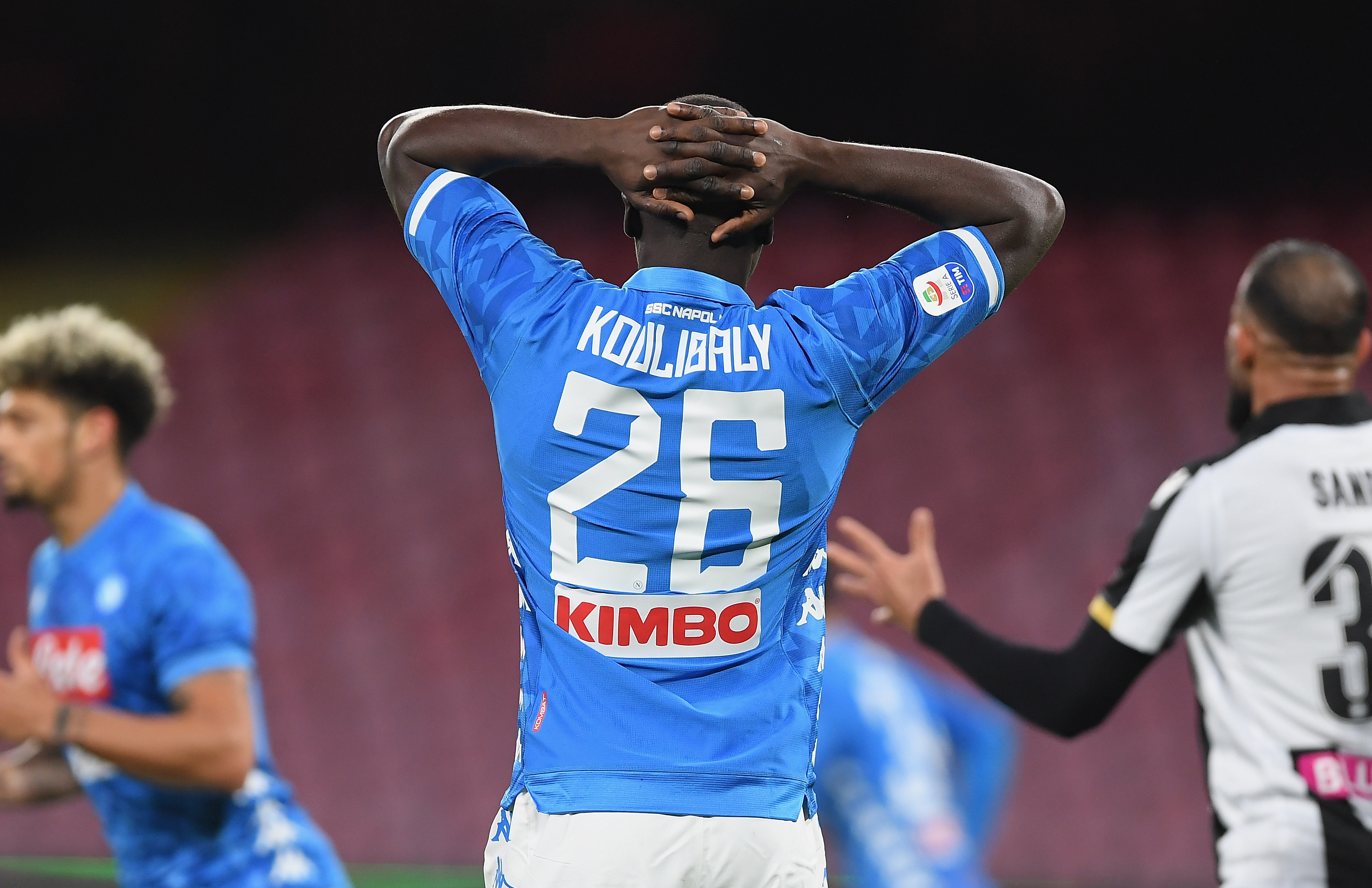 NAPLES, ITALY - MARCH 17: Kalidou Koulibaly of SSC Napoli stands disappointed during the Serie A match between SSC Napoli and Udinese at Stadio San Paolo on March 17, 2019 in Naples, Italy.  (Photo by Francesco Pecoraro/Getty Images)