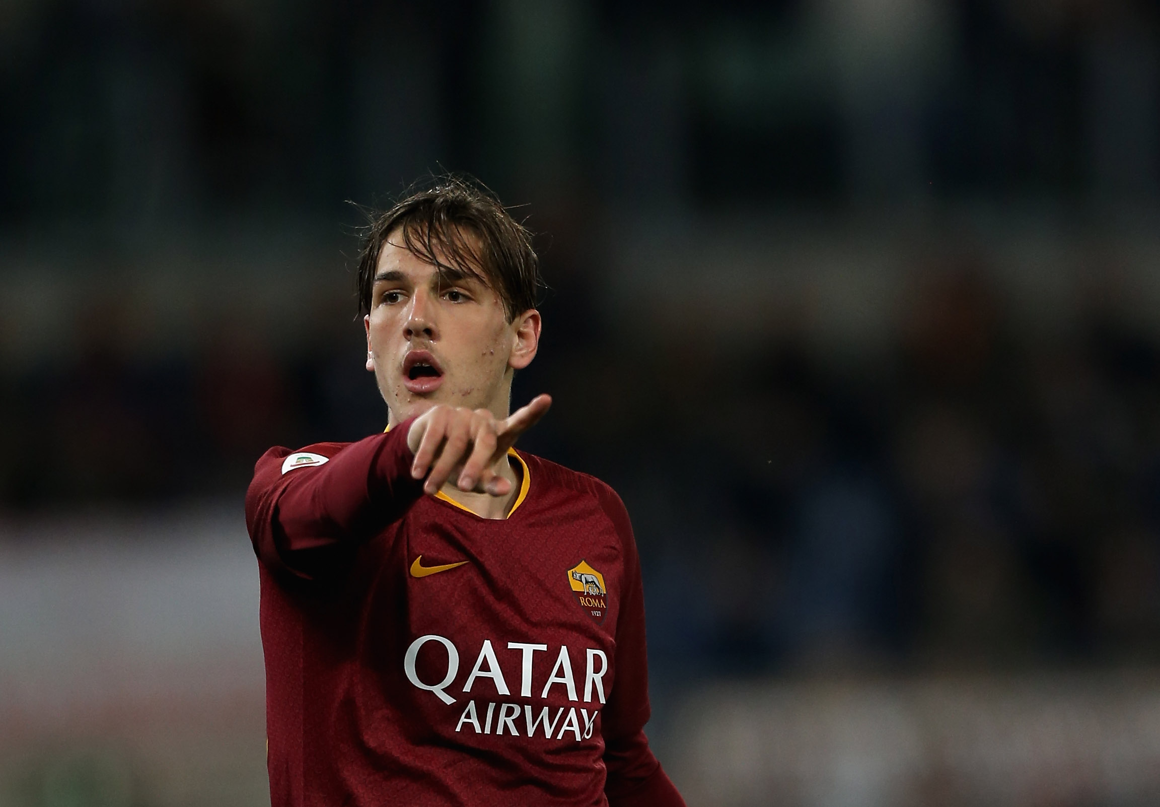 ROME, ITALY - APRIL 03:  Nicolo' Zaniolo of AS Roma gestures during the Serie A match between AS Roma and ACF Fiorentina at Stadio Olimpico on April 3, 2019 in Rome, Italy.  (Photo by Paolo Bruno/Getty Images)