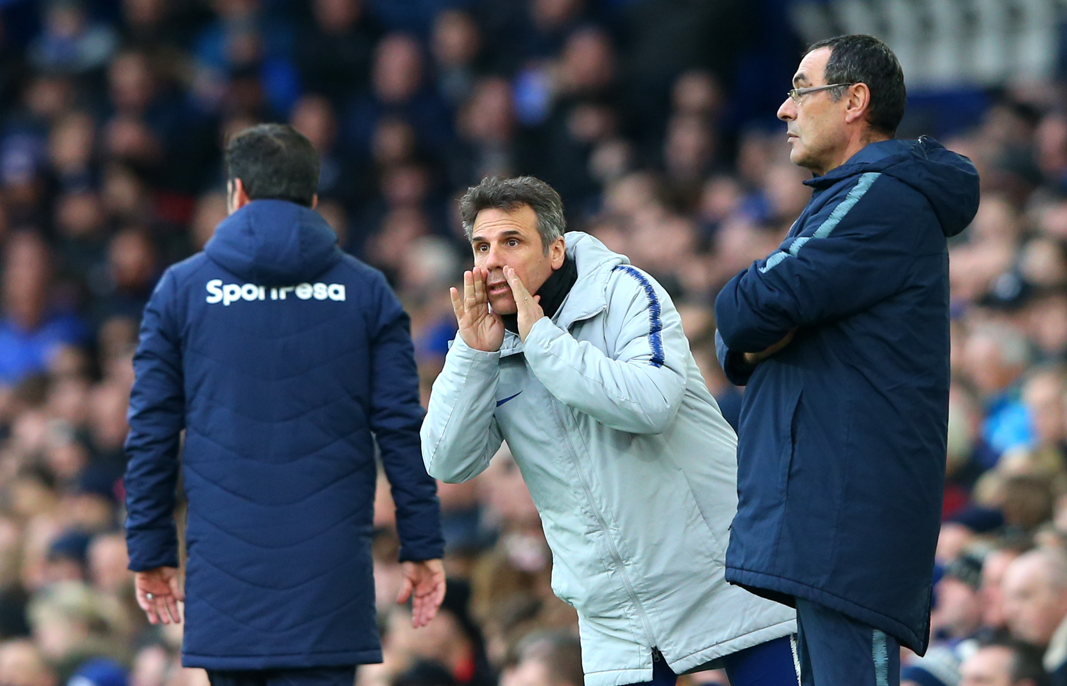 LIVERPOOL, ENGLAND - MARCH 17:  Assistant manager of Chelsea Gianfranco Zola during the Premier League match between Everton FC and Chelsea FC at Goodison Park on March 17, 2019 in Liverpool, United Kingdom. (Photo by Alex Livesey/Getty Images)