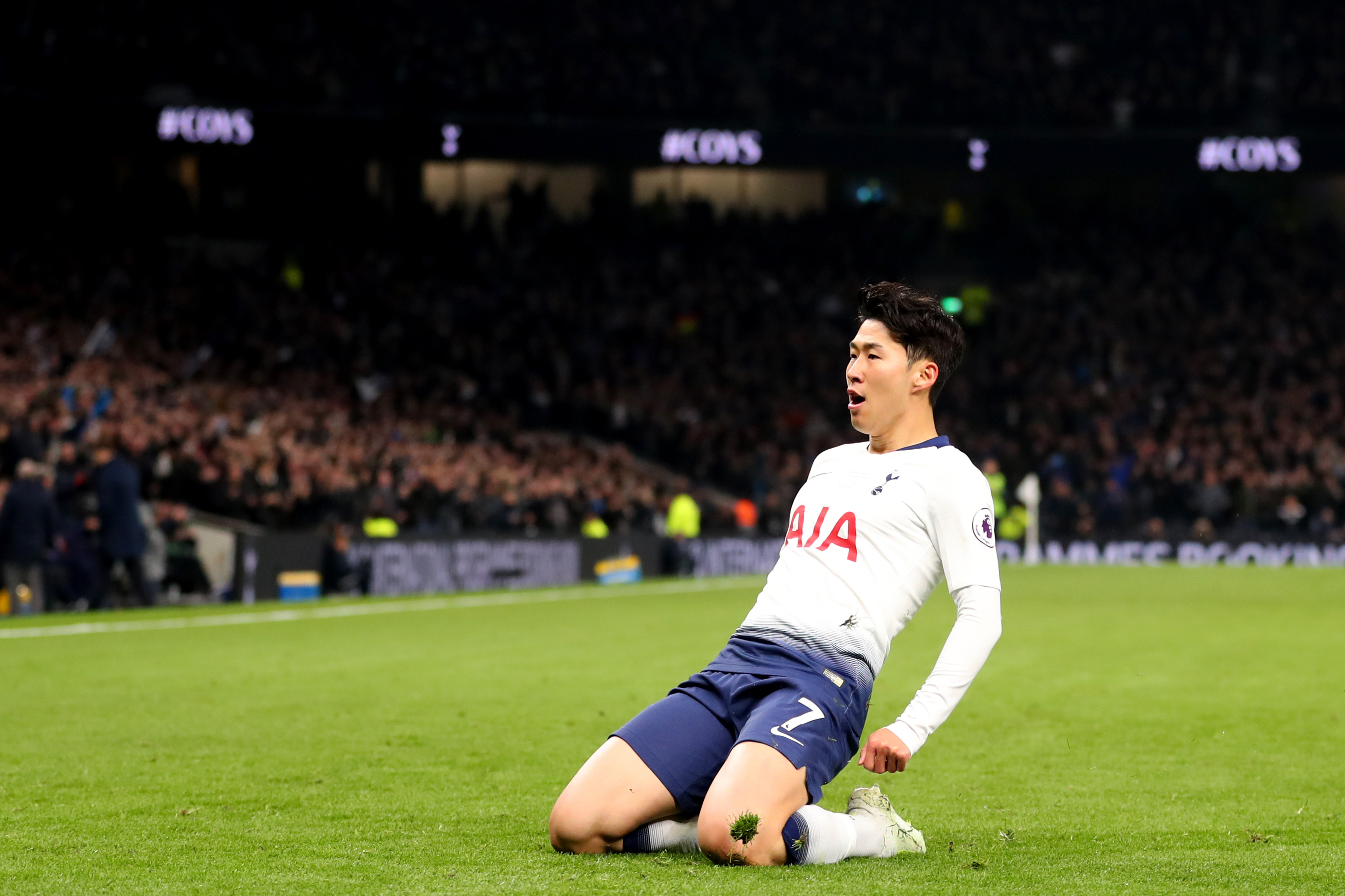 LONDON, ENGLAND - APRIL 03: Heung-Min Son of Tottenham Hotspurduring the Premier League match between Tottenham Hotspur and Crystal Palace at Tottenham Hotspur Stadium on April 03, 2019 in London, United Kingdom. (Photo by Catherine Ivill/Getty Images)