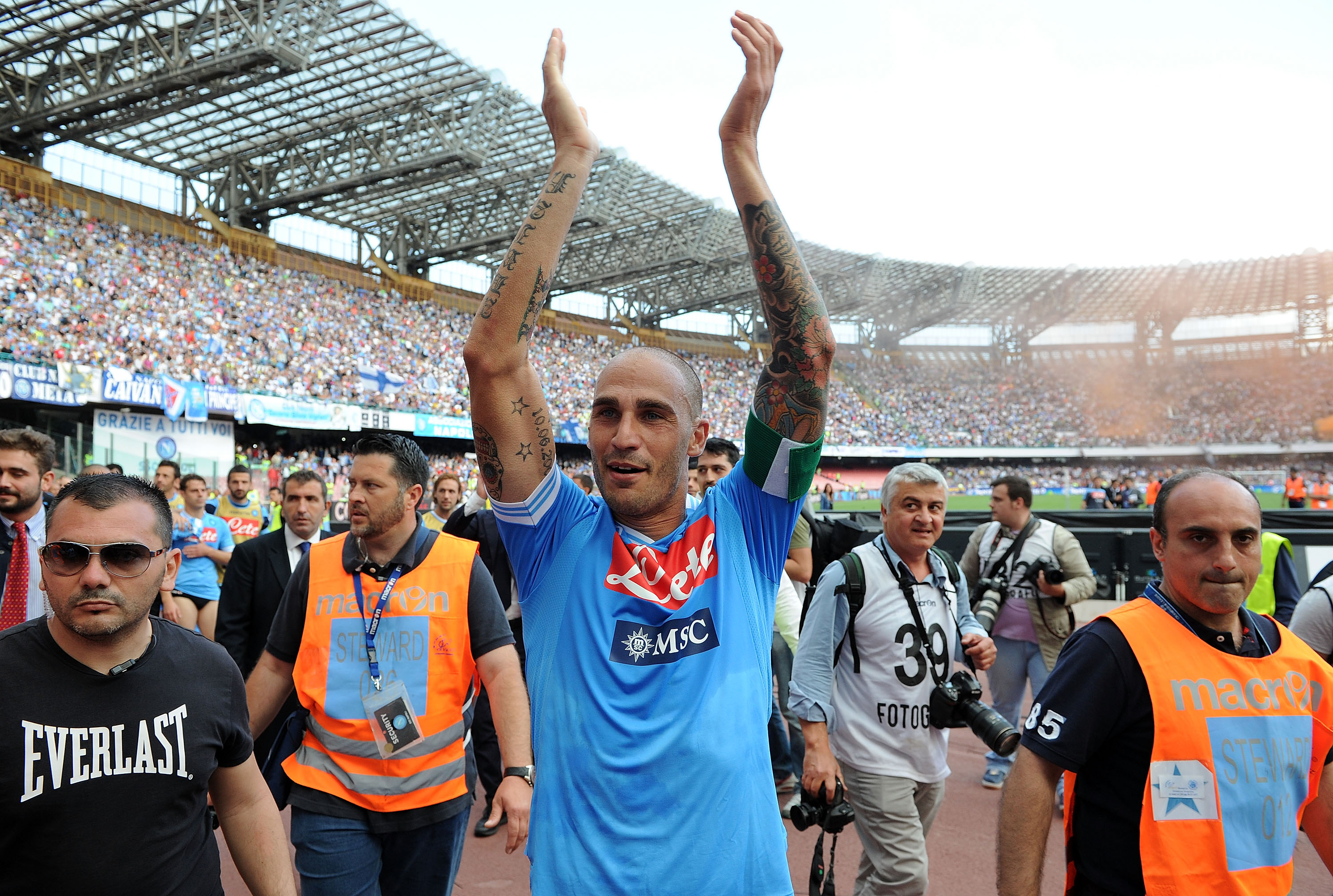 NAPLES, ITALY - MAY 12:  Paolo Cannavaro of Napoli celebrates the victory after the Serie A match between SSC Napoli and AC Siena at Stadio San Paolo on May 12, 2013 in Naples, Italy.  (Photo by Giuseppe Bellini/Getty Images)