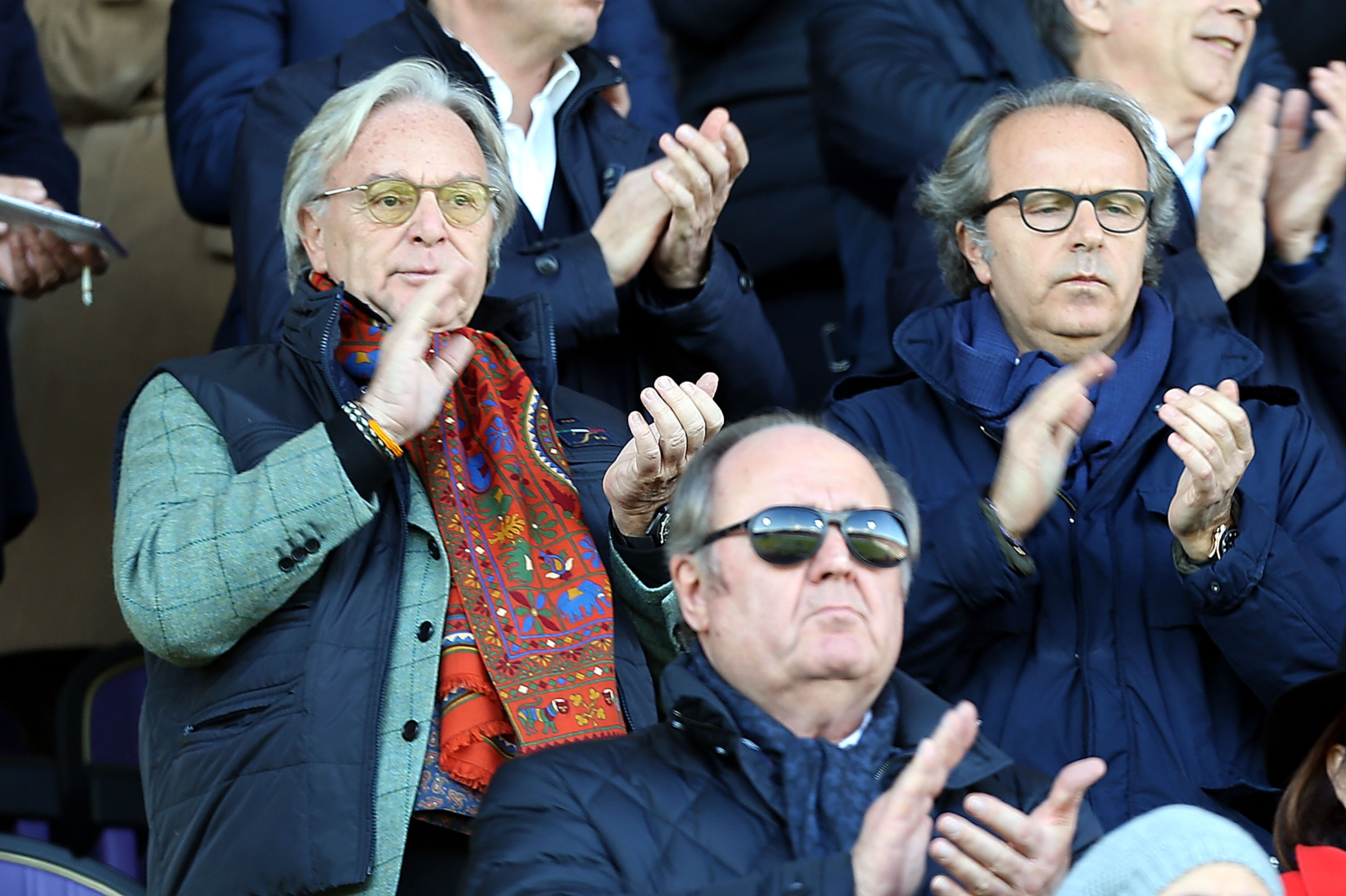 FLORENCE, ITALY - NOVEMBER 22: Diego Della Valle (L) and Andrea Della Valle during the French anthem during the Serie A match between ACF Fiorentina and Empoli FC at Stadio Artemio Franchi on November 22, 2015 in Florence, Italy.  (Photo by Gabriele Maltinti/Getty Images)